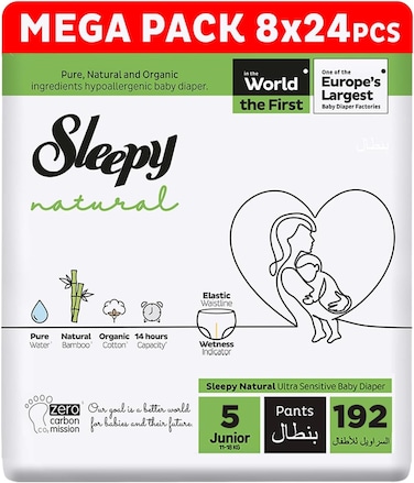 Sleepy Natural Pants Size 5, Ultimate Comfort, Superior Absorbency, Eco-Friendly, Hypoallergenic (5, 192, Count)