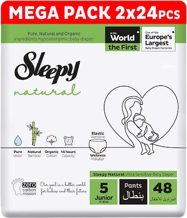 Sleepy Natural Pants Size 5, 48 Count, (2x24) Ultimate Comfort, Superior Absorbency, Eco-Friendly, Hypoallergenic