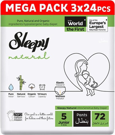 Sleepy Natural Pants Size 5, 72 Count, (3x24) Ultimate Comfort, Superior Absorbency, Eco-Friendly, Hypoallergenic
