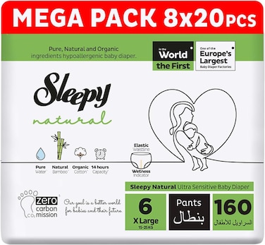 Sleepy Natural Pants Size 6,Ultimate Comfort, Superior Absorbency, Eco-Friendly, Hypoallergenic (6, 160, Count)