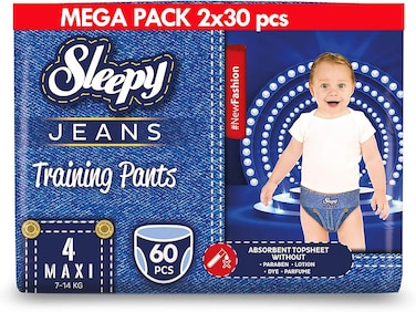 Sleepy Jeans Training Pants Size 4 Maxi (7&ndash;14 kg), 60 Pieces, Denim-Style Baby Diaper Pants, Soft, Absorbent, and Paraben-Free