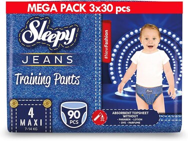 Sleepy Jeans Training Pants Size 4 Maxi (7&ndash;14 kg), 90 Pieces, Denim-Style Baby Diaper Pants, Soft, Absorbent, and Paraben-Free