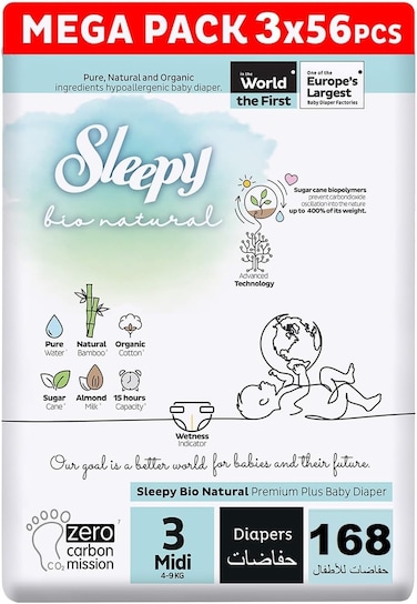Sleepy Bio Natural Premium Size 3 Diapers, 3x56 Baby Dry Taped Diapers, 4-9kg Hypoallergenic, Water Based, Almond Milk, Vegan, 100% Leakproof