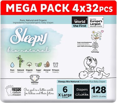 Sleepy Bio Natural Premium Size 6 Diapers, Baby Dry Taped Diapers, 15-25kg Hypoallergenic, Water Based, Almond Milk, Vegan, 100% Leakproof (6, 128, Count)