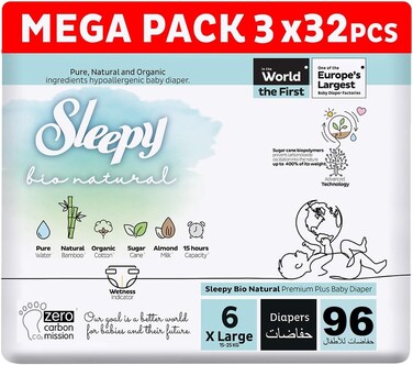 Sleepy Bio Natural Premium Size 6 Diapers, Baby Dry Taped Diapers, 15-25kg Hypoallergenic, Water Based, Almond Milk, Vegan, 100% Leakproof (6, 96, Count)