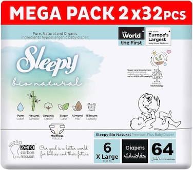 Sleepy Bio Natural Premium Size 6 Diapers,64 Count, 2x32 Baby Dry Taped Diapers, 25kg Hypoallergenic, Water Based, Almond Milk, Vegan, 100% Leakproof