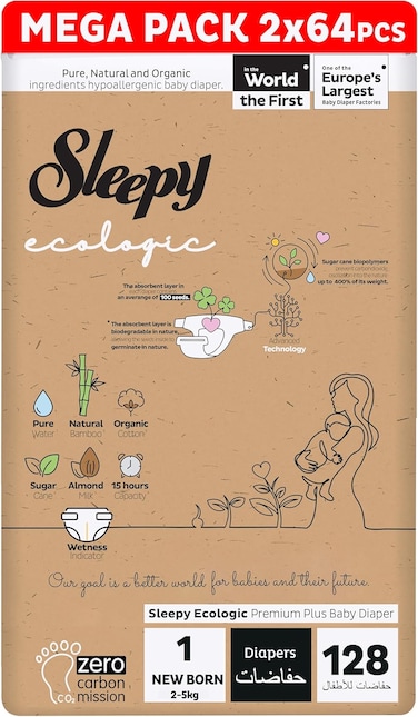 Sleepy Ecologic Size 1, 128 Count New Born, Hypoallergenic, Plant-Based, Biodegradable, Sustainable, Premium Taped Diapers with High Absorption, 2x64 Organic Baby Dry Diaper 3-6 kg,100% Leakproof