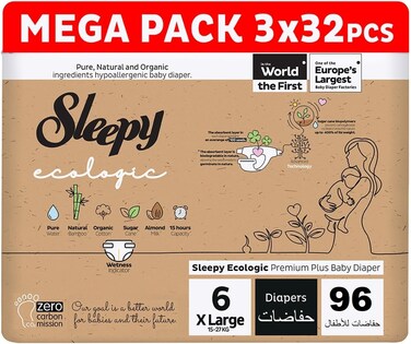 Sleepy Ecologic Size 6, 96 Count, Hypoallergenic, Plant-Based, Biodegradable, Sustainable, Premium Taped Diapers with High Absorption, 3x32 Organic Baby Dry Diaper 15-27 kg, 100% Leakproof
