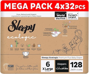 Sleepy Ecologic Size 6, Hypoallergenic, Plant-Based, Biodegradable, Sustainable, Premium Taped Diapers with High Absorption, Organic Baby Dry Diaper 15-27 kg, 100% Leakproof (6, 128, Count)