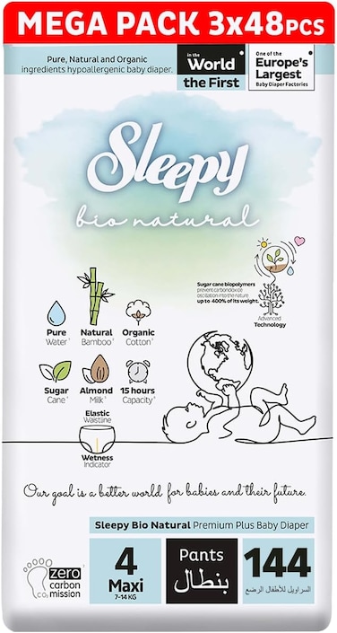 Sleepy Bio Natural Pants Size 4, 144 Count, (3x48) Organic Comfor Superior Absorbency, Eco-Friendly Hypoallergenic