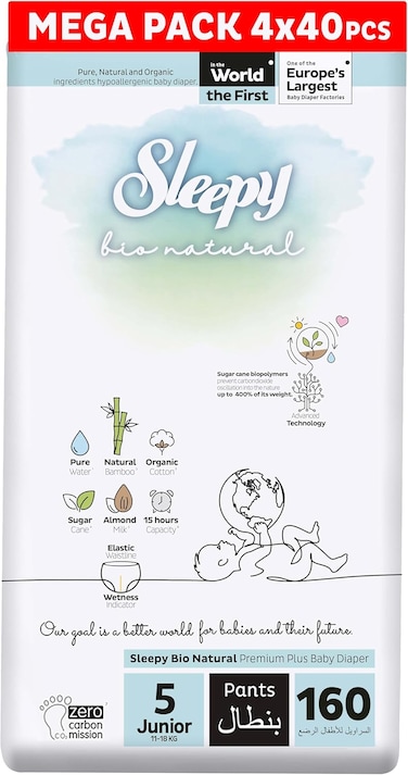 Sleepy Bio Natural Pants Size 5, Organic Comfor Superior Absorbency, Eco-Friendly Hypoallergenic (5, 160, Count)