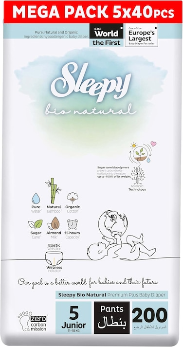 Sleepy Bio Natural Pants Size 5, Organic Comfor Superior Absorbency, Eco-Friendly Hypoallergenic (5, 200, Count)