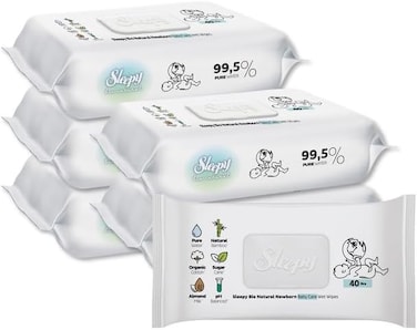 Sleepy Baby Care Wet Wipes, Bio Natural, 99% Pure Water, 200 Sheets, 40x5 Pack
