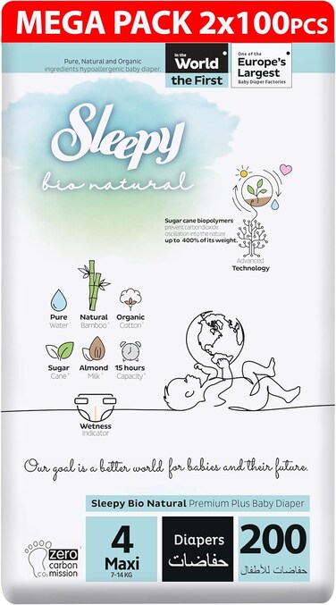 Sleepy Bio Natural Premium Size 4 Diapers, 200 Count, Baby Dry Taped Diapers, 7-14kg Hypoallergenic, Water Based, Almond Milk, Vegan, 100% Leakproof