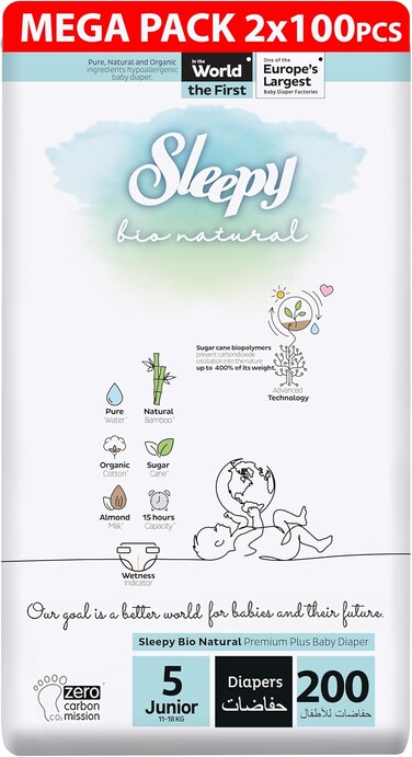 Sleepy Bio Natural Premium Size 5 Diapers, 200 Count, Baby Dry Taped Diapers, 11-18kg Hypoallergenic, Water Based, Almond Milk, Vegan, 100% Leakproof