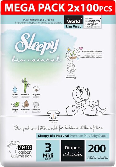 Sleepy Bio Natural Premium Size 3 Diapers, 200 Count, Baby Dry Taped Diapers, 4-9kg Hypoallergenic, Water Based, Almond Milk, Vegan, 100% Leakproof