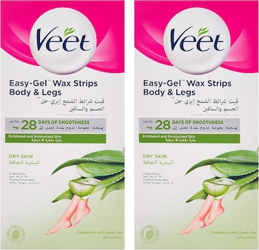 Veet Hair Removal Easy-Gel Wax Strips Body &amp; Legs for Dry Skin, Nourishing Aloe Vera &amp; Green Tea Scent, 20 Wax Strips Twin Pack