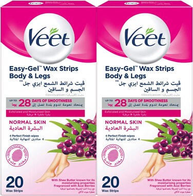 Veet Hair Removal Easy-Gel Wax Strips Body &amp; Legs for Normal Skin, Moisturising Shea Butter and Acai Berries Scent, 40 Wax Strips Twin Pack