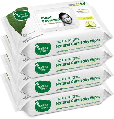 Mother Sparsh Natural Care Baby Water Wipes, 100% Plant Made Fabric From forest Land, Plant Powered Wet Wipes with Cucumber Extract for Baby, Cotton Cloth Like Bigger Sheets, 60 Pcs (Pack of 4)
