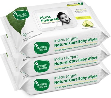 Mother Sparsh Natural Care Baby Wet Wipes with Lid,100% Plant Made Fabric From forest Land,Fresh+Cleanse(with Cucumber) Plant Powered Wet Wipes for Baby,Cotton Cloth Like Bigger Sheets,180 Pc