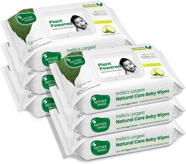Mother Sparsh Natural Care Baby Wipes 60 Pcs (Pack of 6), 100% Plant Made Fabric From forest Land, Fresh+Cleanse (with Cucumber) Plant Powered Wet Wipes for Baby, Cotton Cloth Like Bigger Sheets