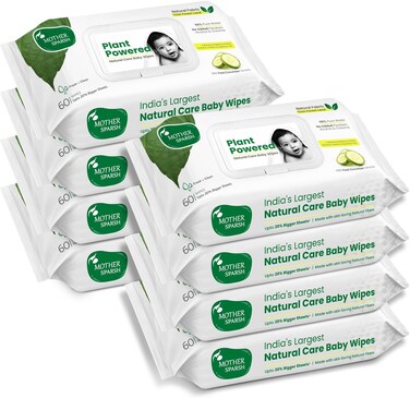 Mother Sparsh Natural Care Baby Wipes 60 Pcs (Pack of 8), 100% Plant Made Fabric From forest Land, Fresh+Cleanse (with Cucumber) Plant Powered Wet Wipes for Baby, Cotton Cloth Like Bigger Sheets