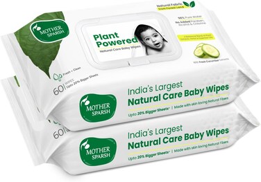 Mother Sparsh Natural Care Baby Wipes, 100% Plant Made Fabric From forest Land, Fresh, Cleanse (with Cucumber) Plant Powered Wet Wipes for Baby, Cotton Cloth Like Bigger Sheets, 60 Pcs (Pack of 2)