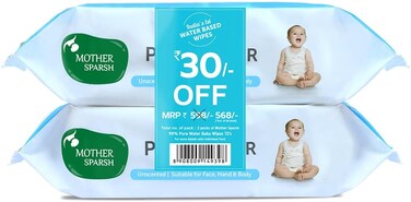 Mother Sparsh 99% Pure Water (Unscented) Baby Wipes, Natural Plant Made Cloth, Super Thick, 72 Pcs/Pack, Pack of 2 (Super Saver Pack)