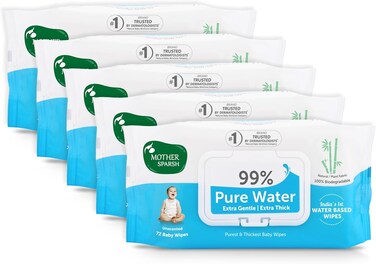 Mother Sparsh 99% Pure Water (Unscented) Baby Wipes, Natural Plant Made Cloth, Super Thick, 72 Pcs/Pack, Pack of 5