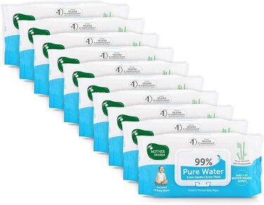 Mother Sparsh 99% Pure Water (Unscented) Baby Wipes, Natural Plant Made Fabric, Super Thick, 72 Pcs/Pack, Pack of 10