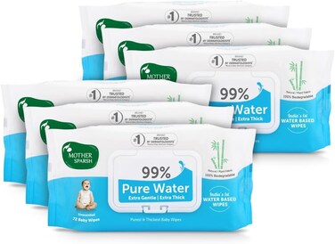 Mother Sparsh 99% Pure Water (Unscented) Baby Wipes, Natural Plant Made Fabric, Super Thick, 72 Pcs/Pack, Pack of 6
