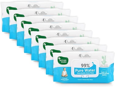 Mother Sparsh 99% Pure Water (Unscented) Baby Wipes, Natural Plant Made Fabric, Super Thick, 72 Pcs/Pack, Pack of 8