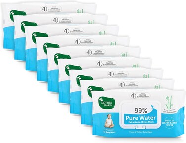 Mother Sparsh 99% Pure Water (Unscented) Baby Wipes, Natural Plant Made Fabric, Super Thick, 72 Pcs/Pack, Pack of 9