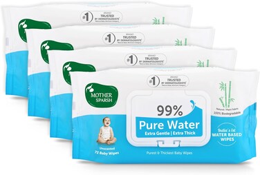 Mother Sparsh Unscented 99% Pure Water (Unscented) Baby Wipes, 72 Baby Wipes, Blue (Pack of 4)