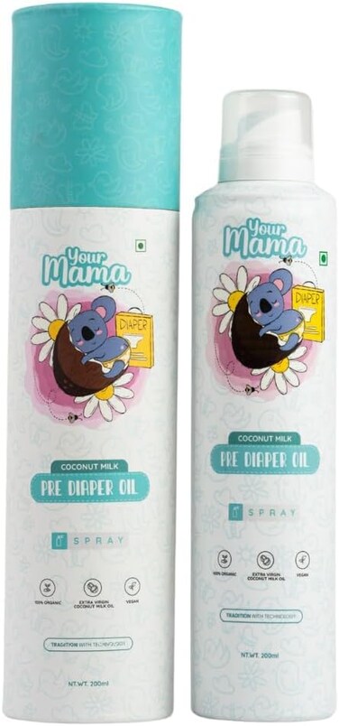 Your Mama Pre-Diaper Oil Spray, 100% Natural Virgin Coconut Oil, Baby Bum Barrier &amp; Rash Prevention Spray, Gentle &amp; Non-Toxic formula for Newborns, 200ml