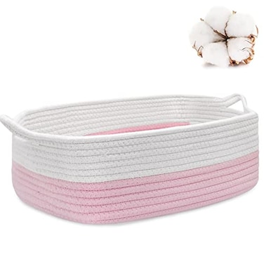 ABenkle Rope Storage Basket, Cotton Woven Pink Baby Girl Basket, Cube Soft Basket With Handles, Decorative Shelves Closet Organizer For Nursery Laundry Bedroom Bathroom, Small Basket For Organizing