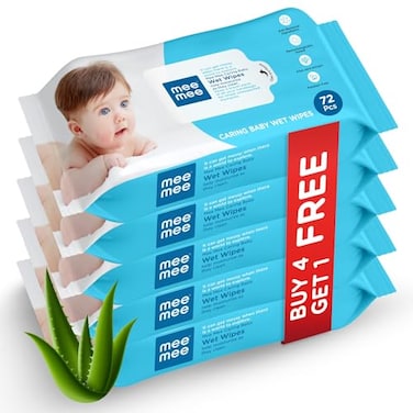 Mee Mee Soft Gentle Baby Wet Wipes (72 Wipes) Pack Of 5, Infused With Aloe Vera And Vitamin E, Paraben &amp; Sulphate Free, Cleansing Wipes, Wipes Combo For Babies