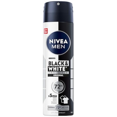 NIVEA Men Black &amp; White Invisible Antiperspirant Deodorant Spray, Original, 72H Active Protection, 5in1, Anti-Odour, Sweat, Stains, Residues &amp; Irritation, 150ml