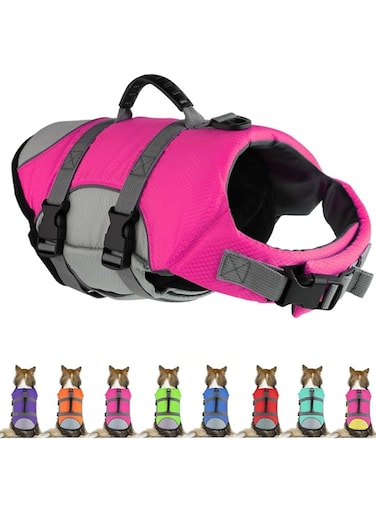 Mklhgty Dog Life Jacket, Reflective &amp; Adjustable Dog Life Vest with Rescue Handle for Swimming and Boating, Ripstop Pet Safety Life Preserver for Small, Medium and Large Dogs Pink
