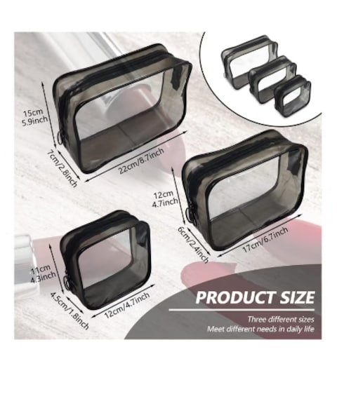 Solarae Pack of 3 Clear Cosmetic Bags, Double Zipper Sliders Clear Travel Makeup Bags, Water Resistant Toiletry Bags, Portable Clear Pouches, Black