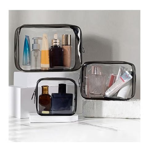Solarae Pack of 3 Clear Cosmetic Bags, Double Zipper Sliders Clear Travel Makeup Bags, Water Resistant Toiletry Bags, Portable Clear Pouches, Black