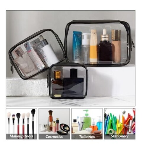 Solarae Pack of 3 Clear Cosmetic Bags, Double Zipper Sliders Clear Travel Makeup Bags, Water Resistant Toiletry Bags, Portable Clear Pouches, Black