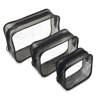 Solarae Pack of 3 Clear Cosmetic Bags, Double Zipper Sliders Clear Travel Makeup Bags, Water Resistant Toiletry Bags, Portable Clear Pouches, Black