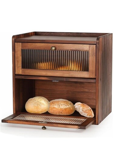 2-Tier Wood Bread Storage Box, Kitchen Countertop Container Bin, 2 Layer Food Organizer Holder, Vintage Farmhouse Fruit Organizer Pantry Shelf, Home Storage Bin with Acrylic Window