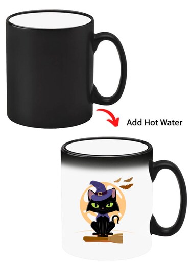 Color Changing Heat Sensitive Ceramic Mug, Image Revealed When HOT Liquid is Added! Cat Halloween with broom
