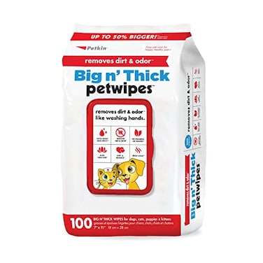 Petkin Pet Wipes Big 'N Thick Extra Large Pet Wipes For Dogs, Cats, Puppies &amp; Kittens - Aloe Enriched Formula Gently Cleans The Face, Ears, Body &amp; Eye Area - Wipes For Pets For Home Or Travel, 1 Pack