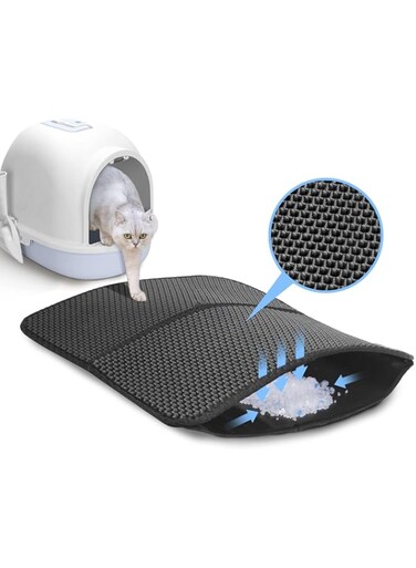 Mumoo Bear Cat Litter Mat, Large Litter Tray Mat Trapping Foldable Washable 45x60cm Honeycomb Double Layer, Nonslip Waterproof Urine Proof EVA Material Easy Clean, Litter Box Mat Scatter Control Black
