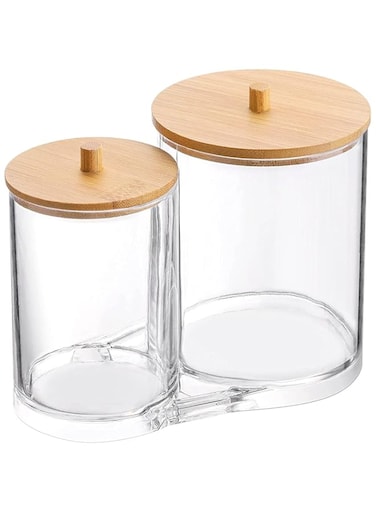 ELECDON Clear Organizer Jar, Cotton Swab Pads Holder,Cotton Ball Buds Dispenser Bathroom Jar Clear Organizer for Storage with Wood Lid