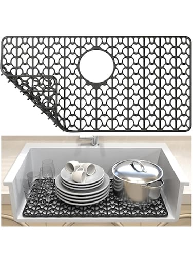 Excefore Flexible Silicone Sink Mats, 26''x14'' Heat Resistant Protectors for Farmhouse and Porcelain Sinks, Rear Drain, Cut to Fit, Black