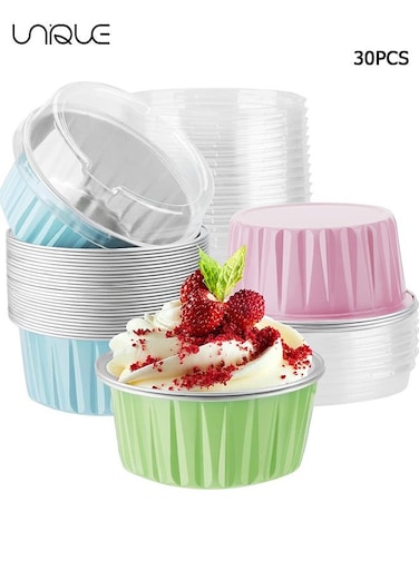 Disposable Foil Ramekins with Lids - 30 Pcs 5oz 125ml Aluminum Foil Muffin Liners Cupcake Baking Cups - Mini Pie Pans with Lids - for Catering Gathering Club Wedding Party